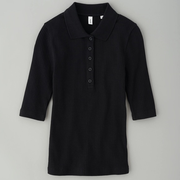 KOTN black cotton ribbed button down quarter polo top in size S - Picture 2 of 5
